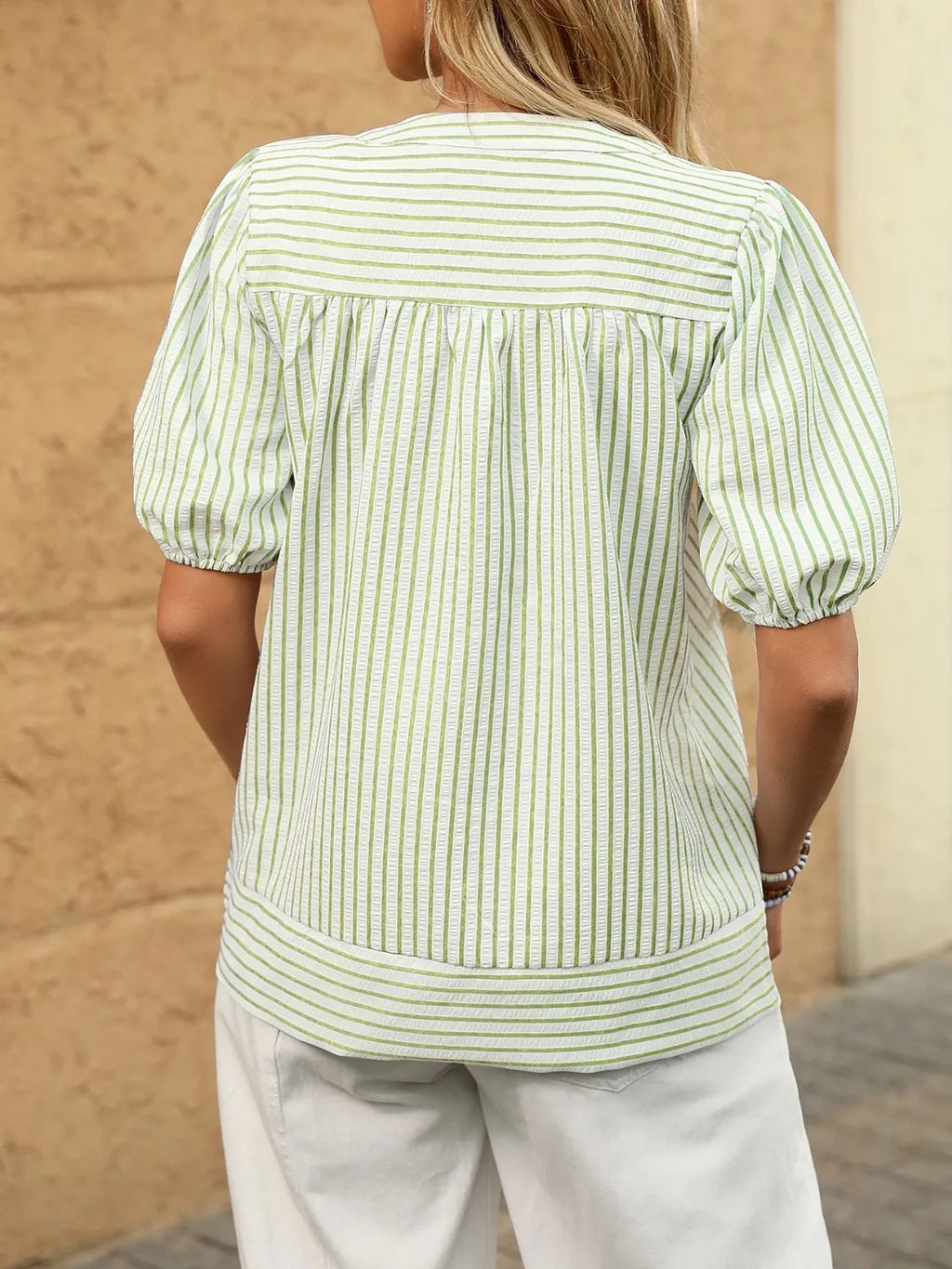 Striped Notched Puff Sleeve Blouse (9)