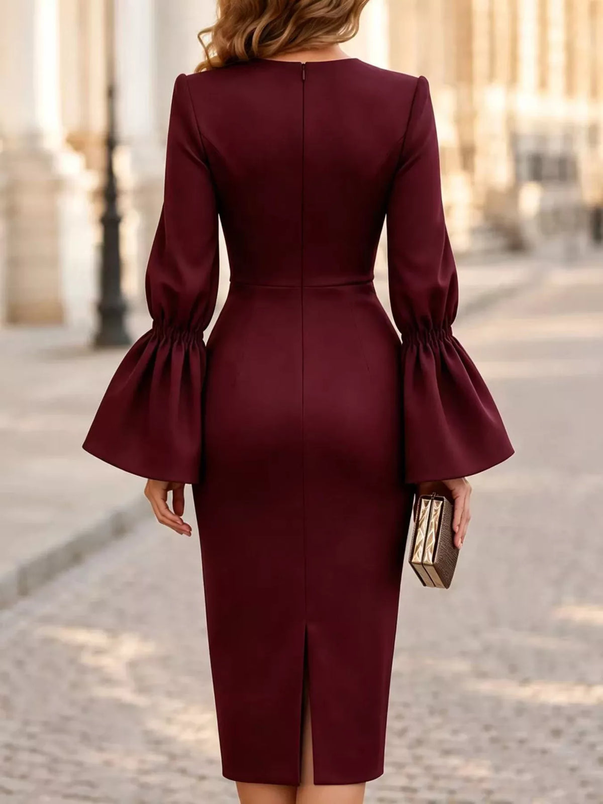 Slit Round Neck Flare Sleeve Dress (6)