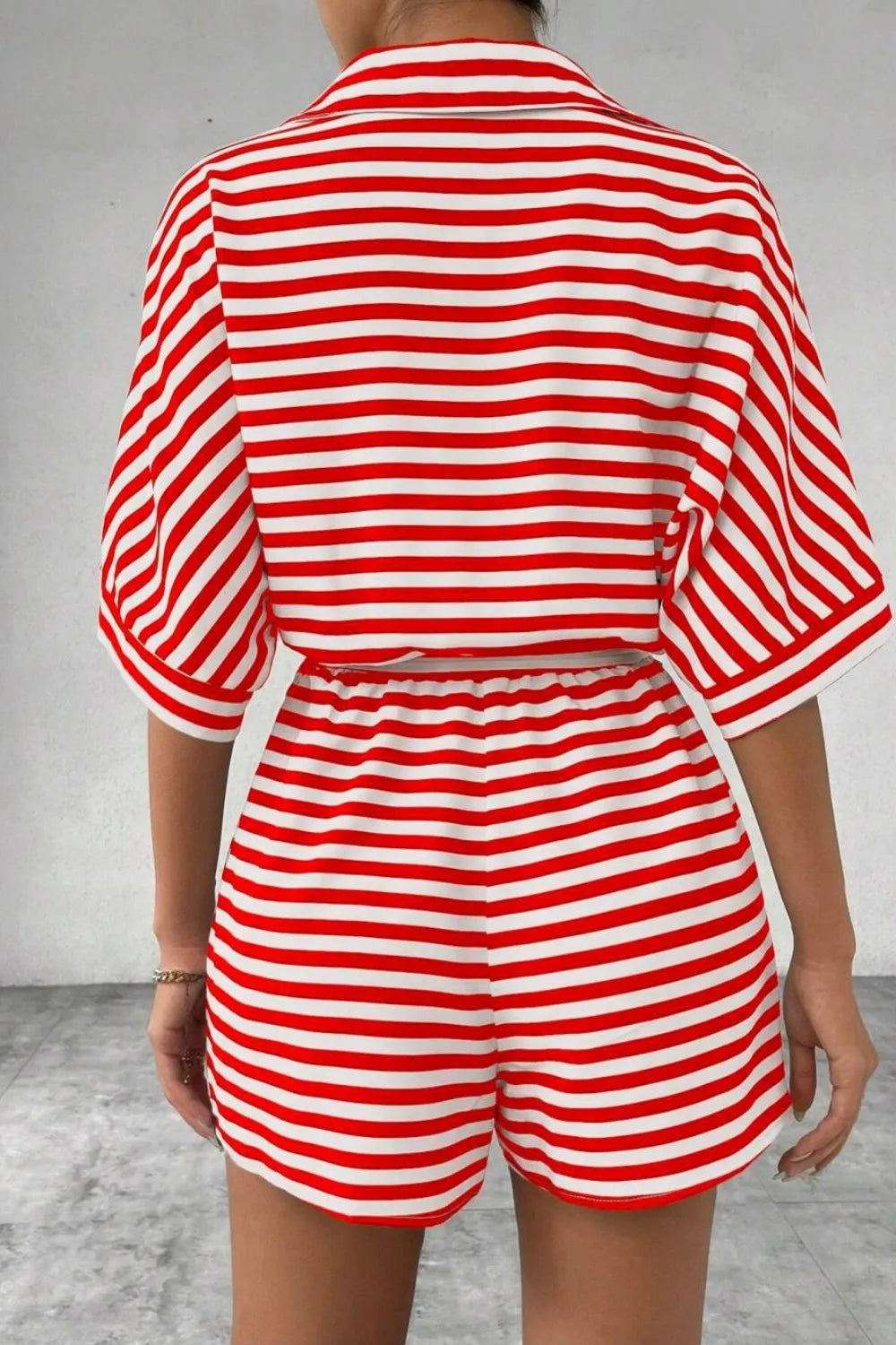 Striped Collared Neck Tie Waist Romper (12)