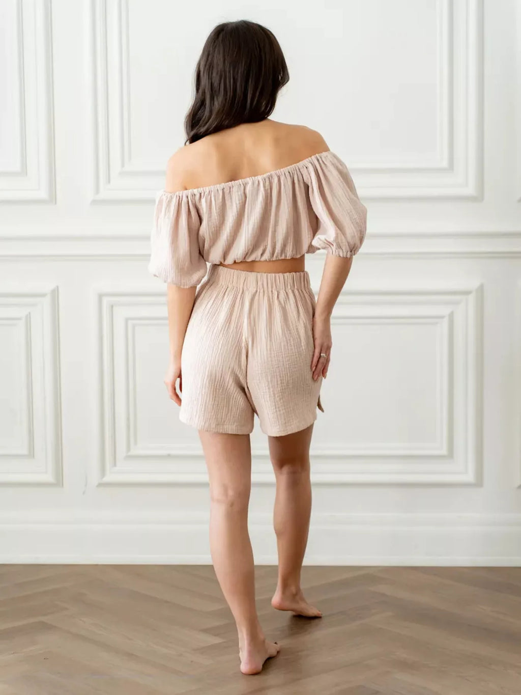 Off-shoulder Cropped Top Shorts Set (16)