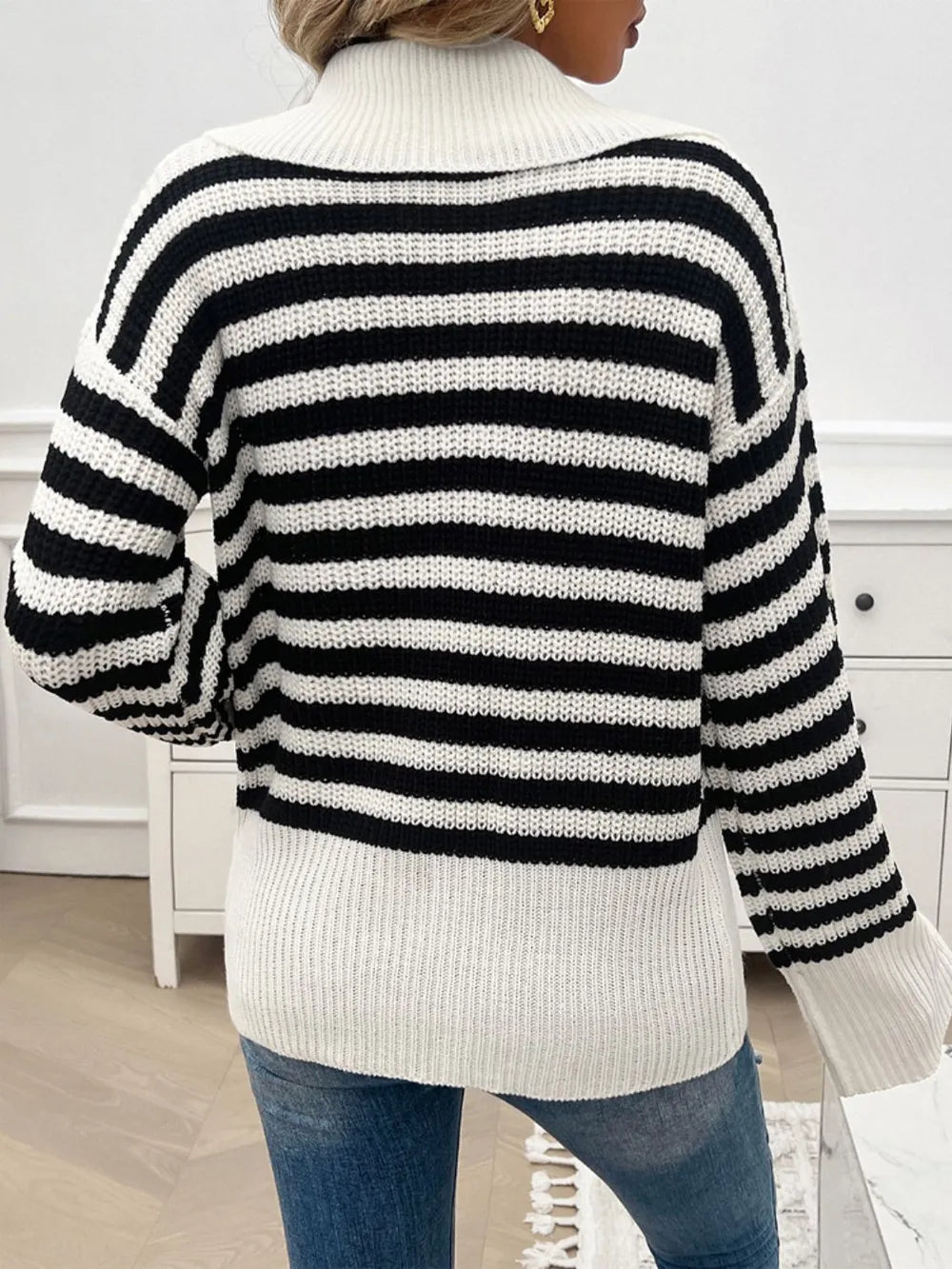 Striped Collared Neck Long Sleeve Sweater (15)