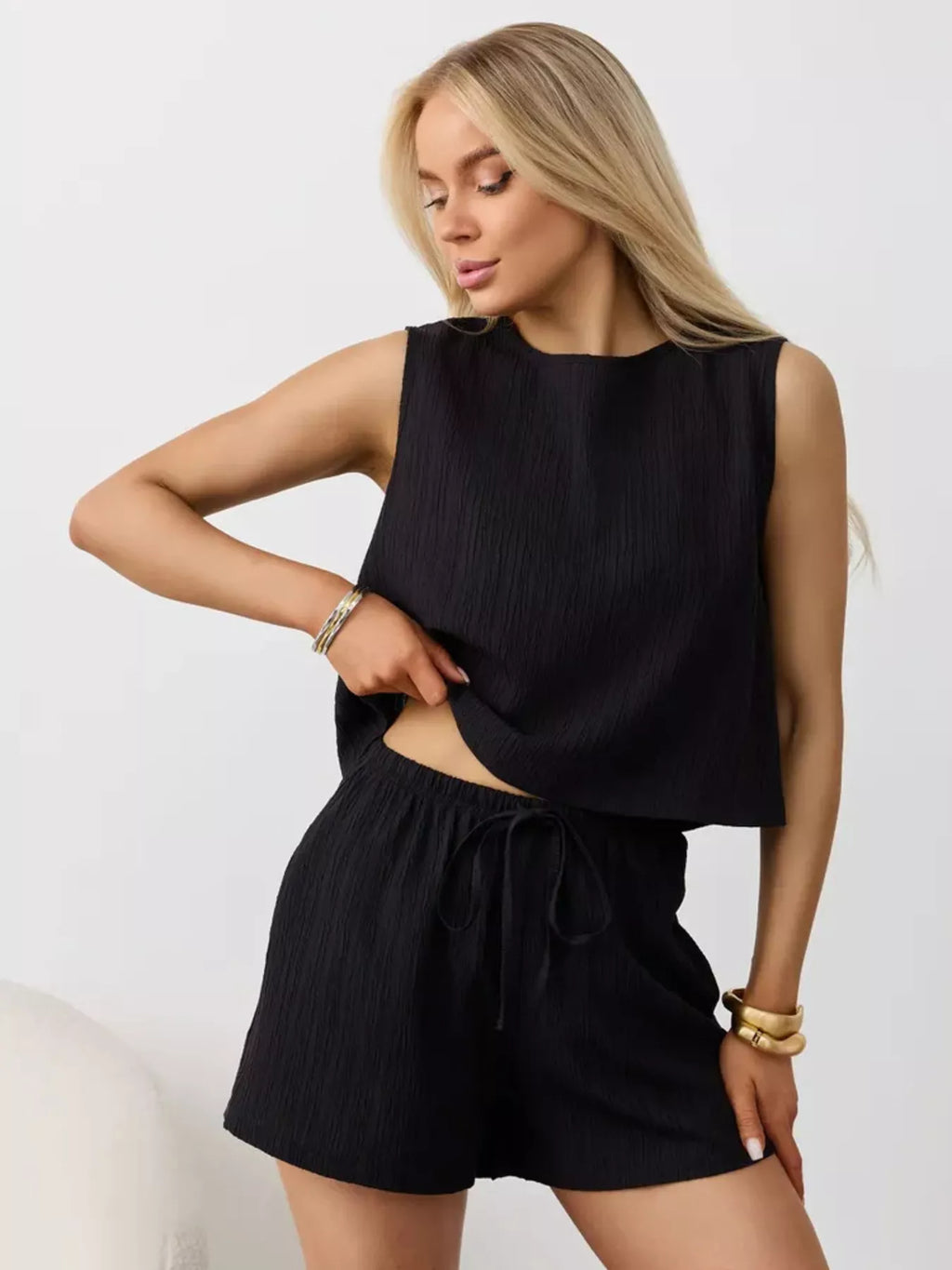 Textured Round Neck Tank Shorts Set (15)