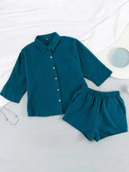 Texture Button Up Shirt Shorts Set (8)