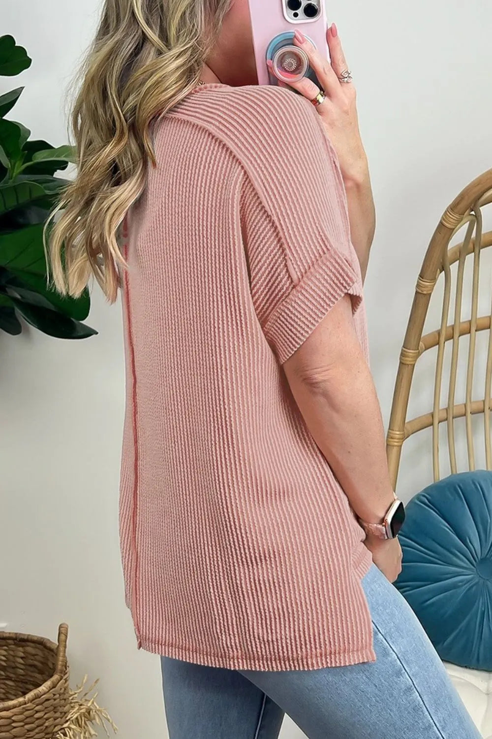 Casual Ribbed Short Sleeve Round Neck T-shirt (24)