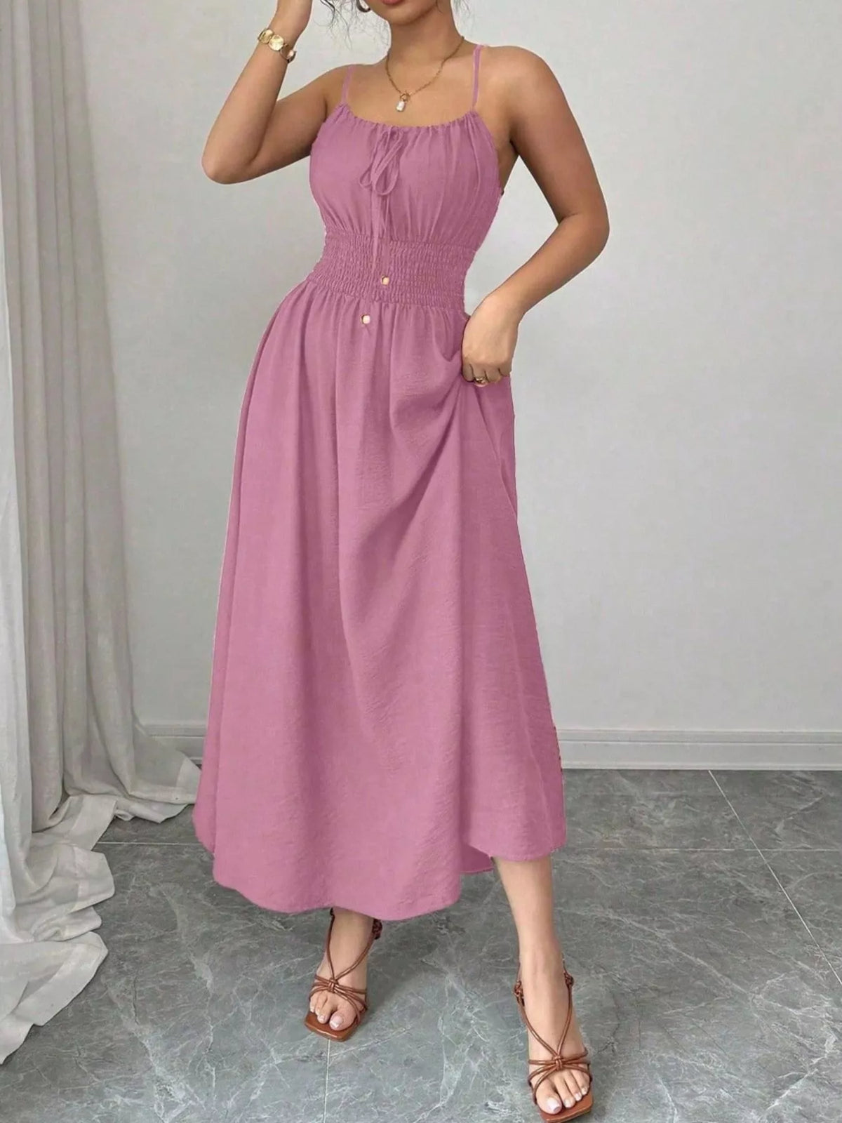 Smocked Spaghetti Strap Midi Dress (18)
