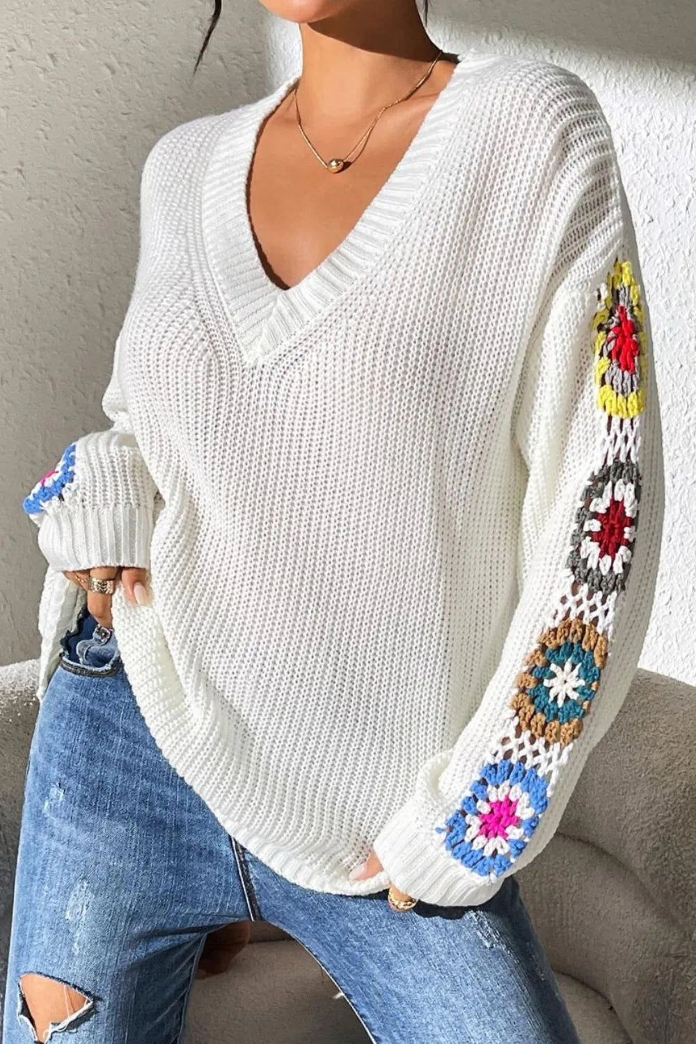 Crochet Flower V-neck Sweater (9)