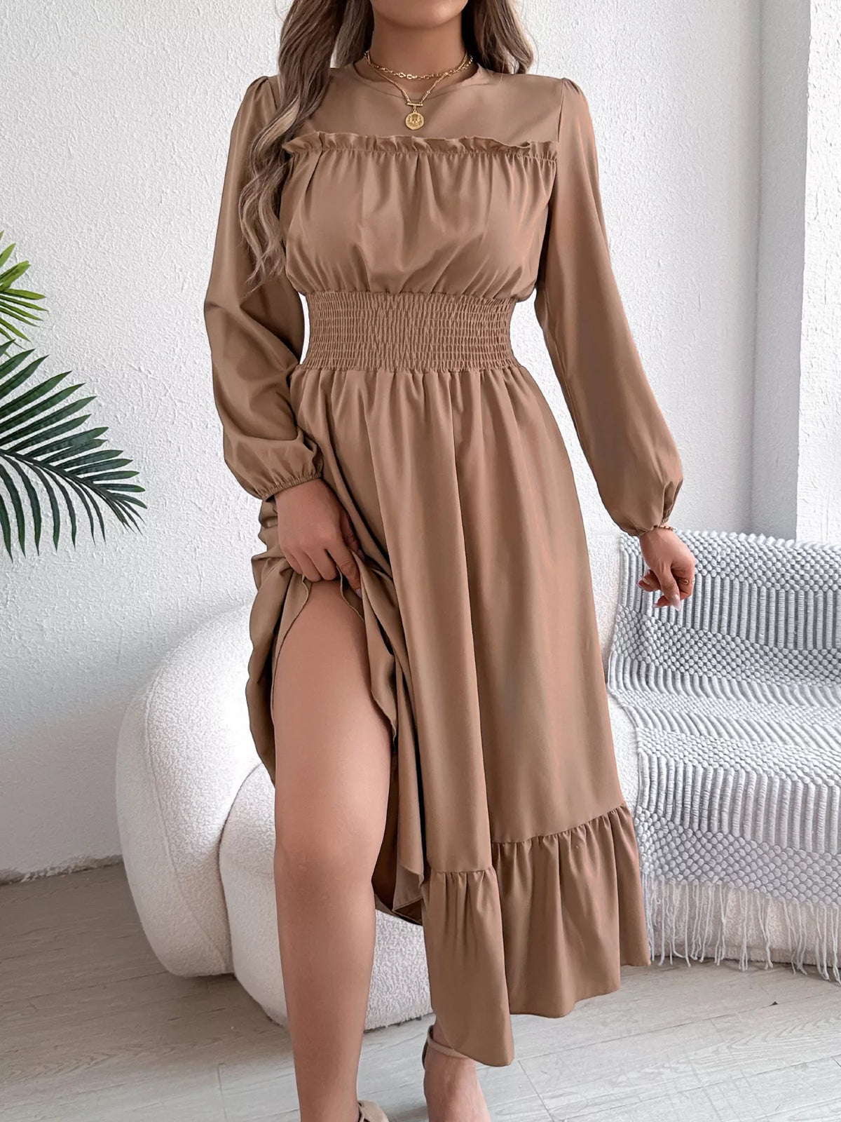 Round Neck Balloon Sleeve Tiered Dress (14)
