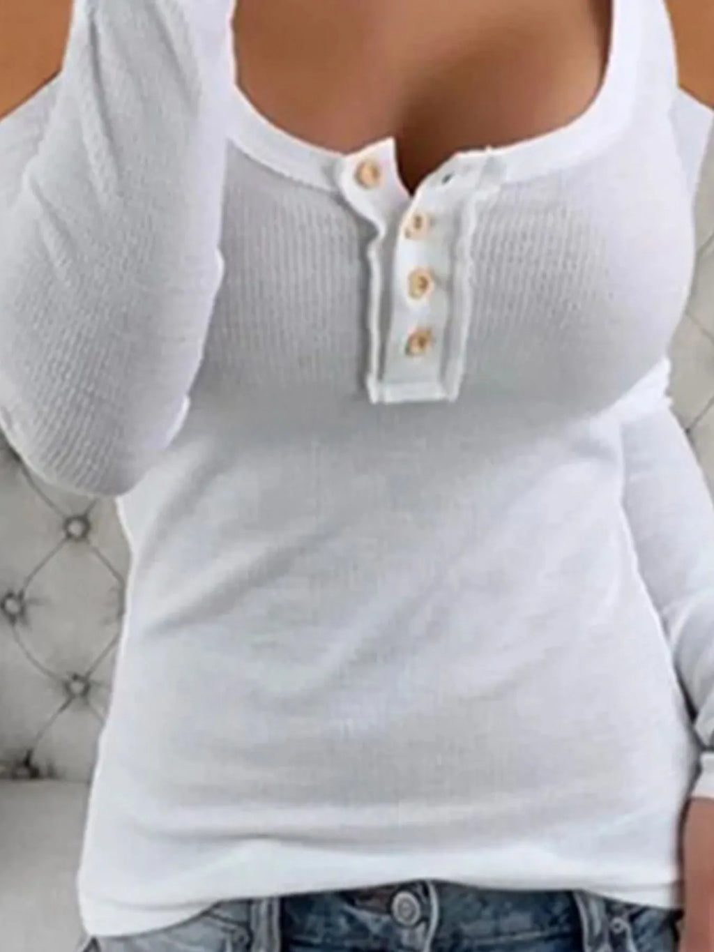 Cold Shoulder Ribbed Henley T-shirt Button Detail (6)