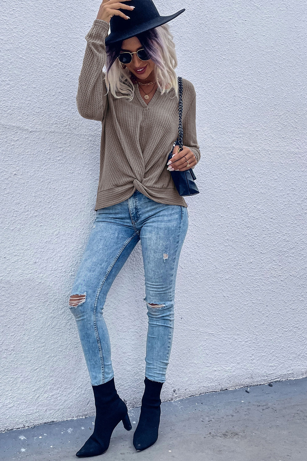 Twist Front Long Sleeve Waffle Knit Top (6)