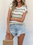 Striped Cap Sleeve Crochet Knit Top (4)