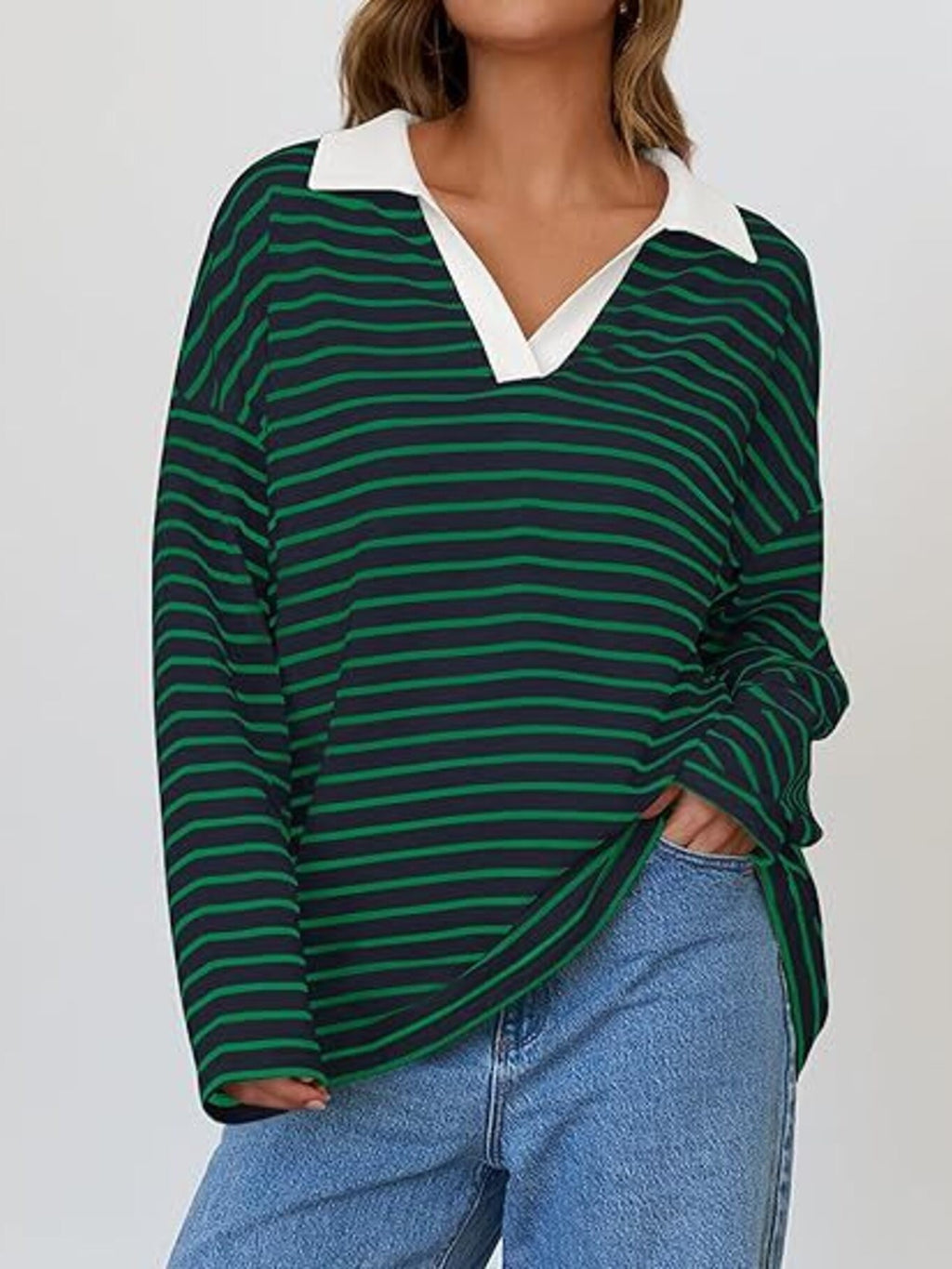 Striped Contrast Collar Long Sleeve Top (21)