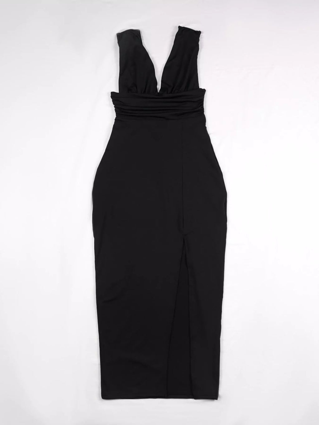 Sleeveless Deep V-neck Ruched High Slit Bodycon Dress (3)