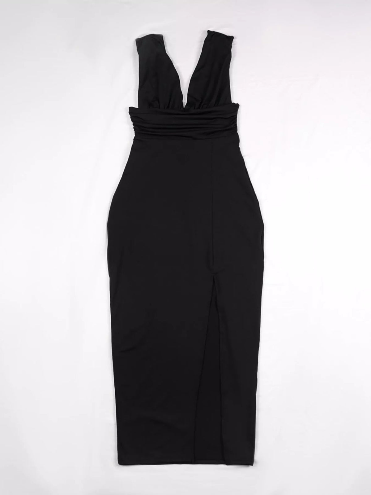 Sleeveless Deep V-neck Ruched High Slit Bodycon Dress (3)