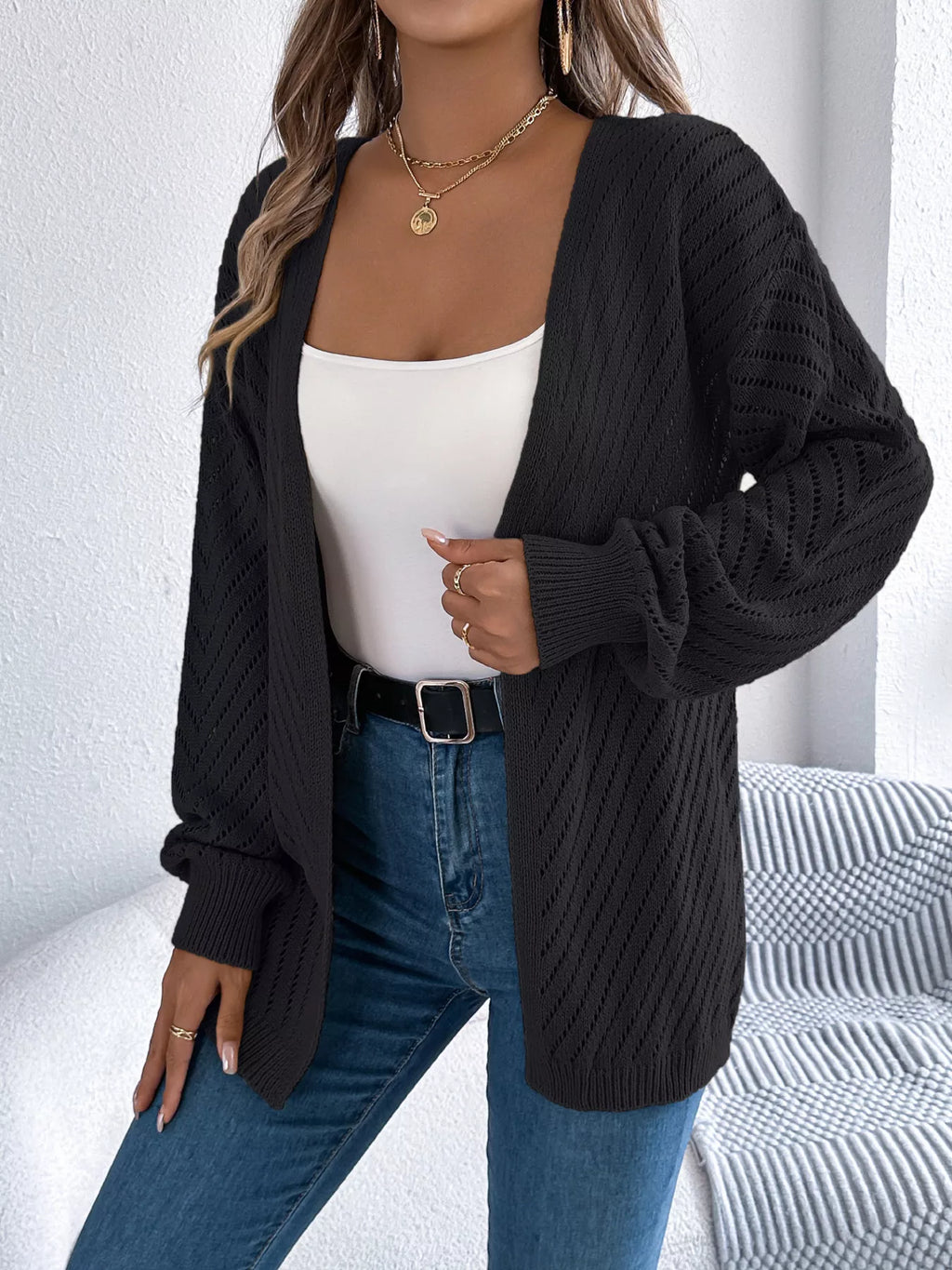 Openwork Open-front Long Sleeve Cardigan (11)