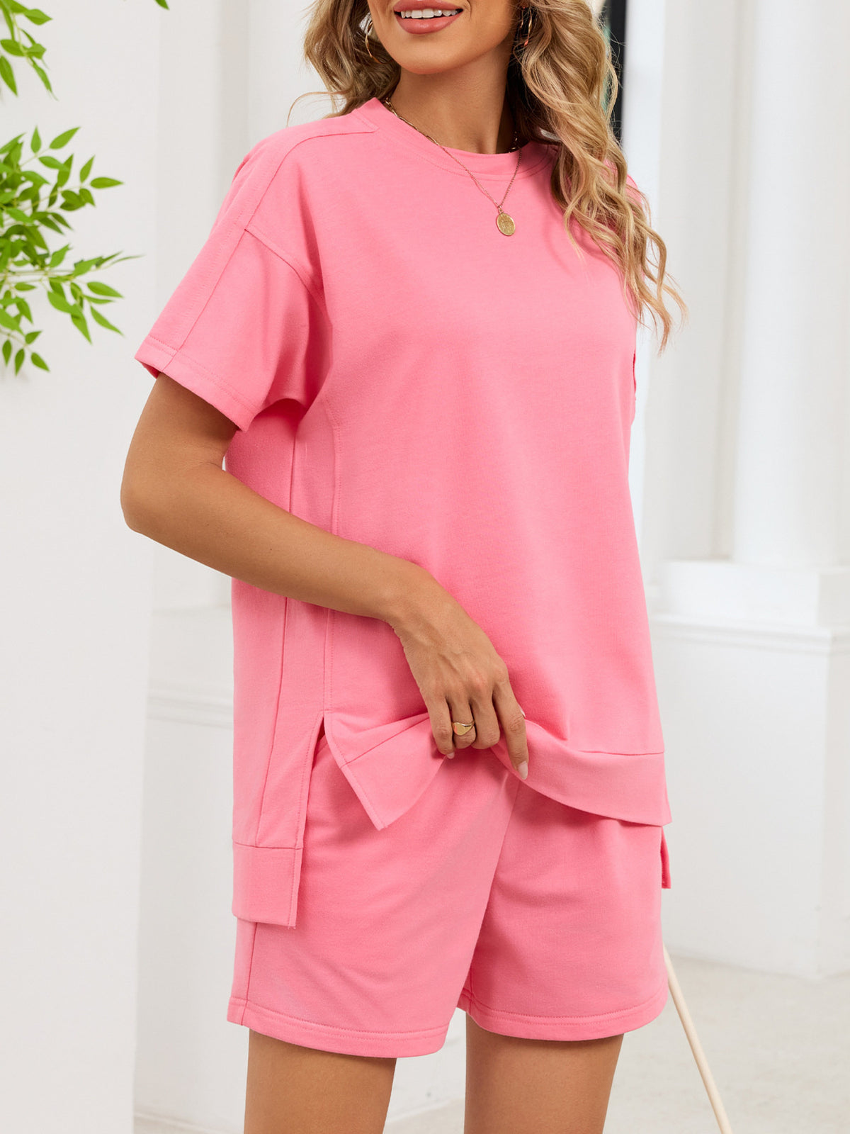 Round Neck Short Sleeve T-shirt Shorts Set (11)