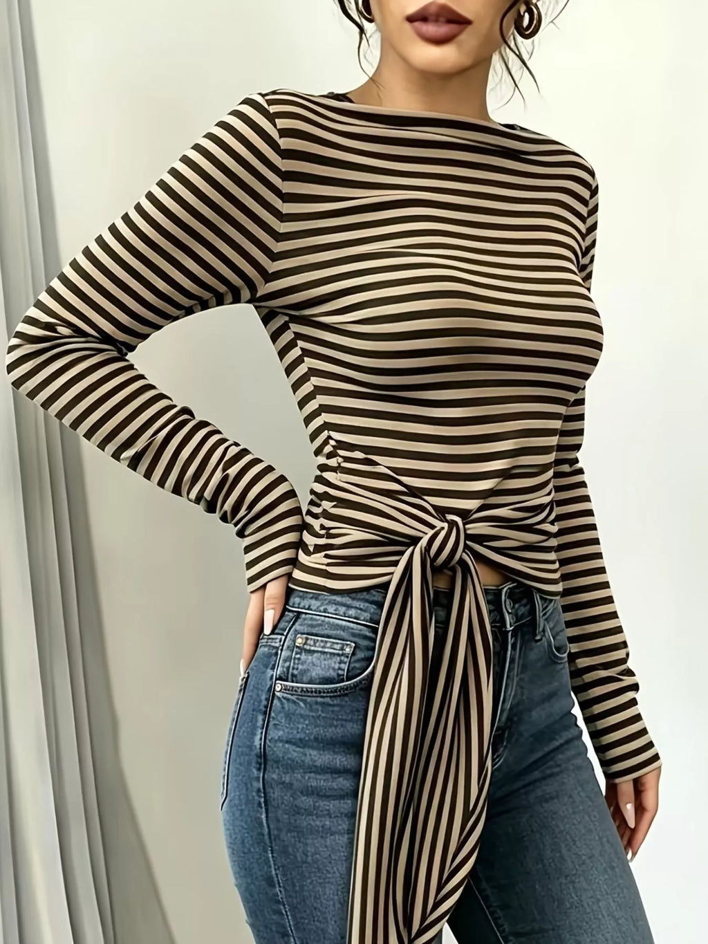Long Sleeve Striped T-shirt Front Tie Detail (22)