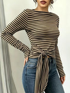 Long Sleeve Striped T-shirt Front Tie Detail (22)