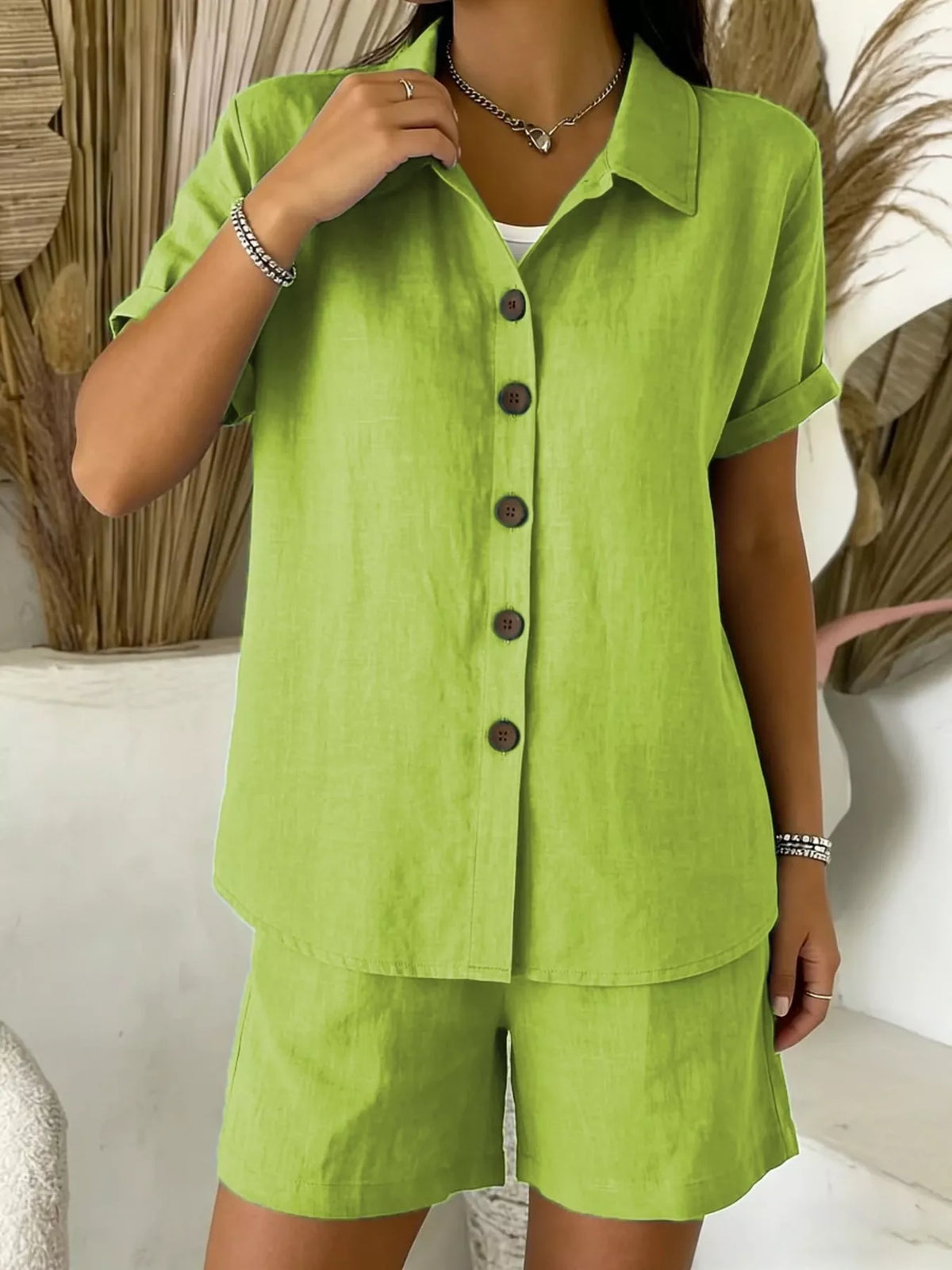 Full Size Button-up Shirt Shorts Set Plus (8)