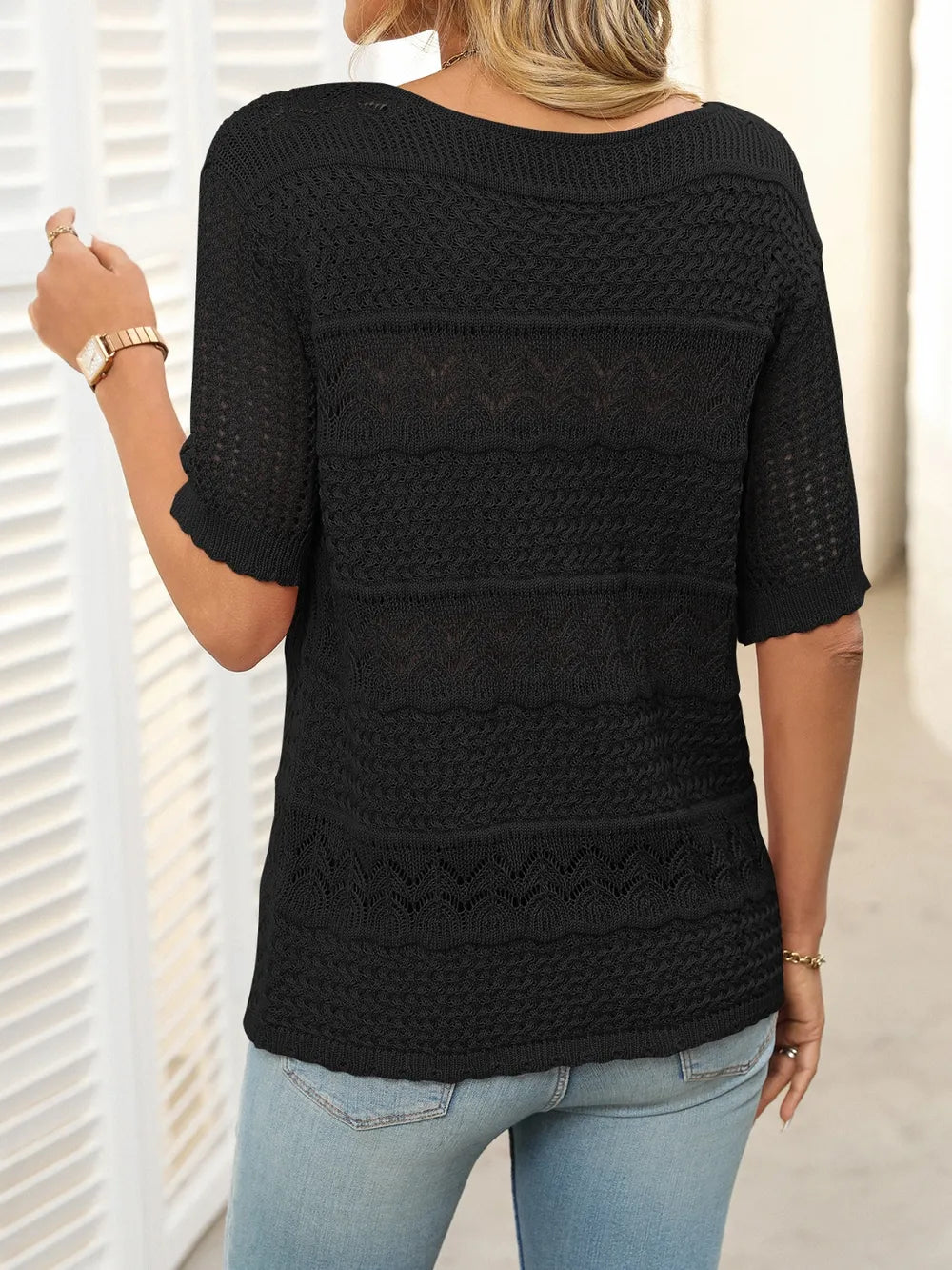 Openwork Round Neck Half Sleeve Knit Top (14)