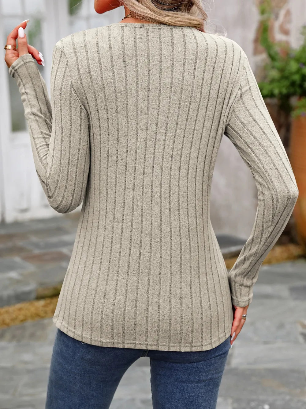 Decorative Button Round Neck Long Sleeve T-shirt (36)