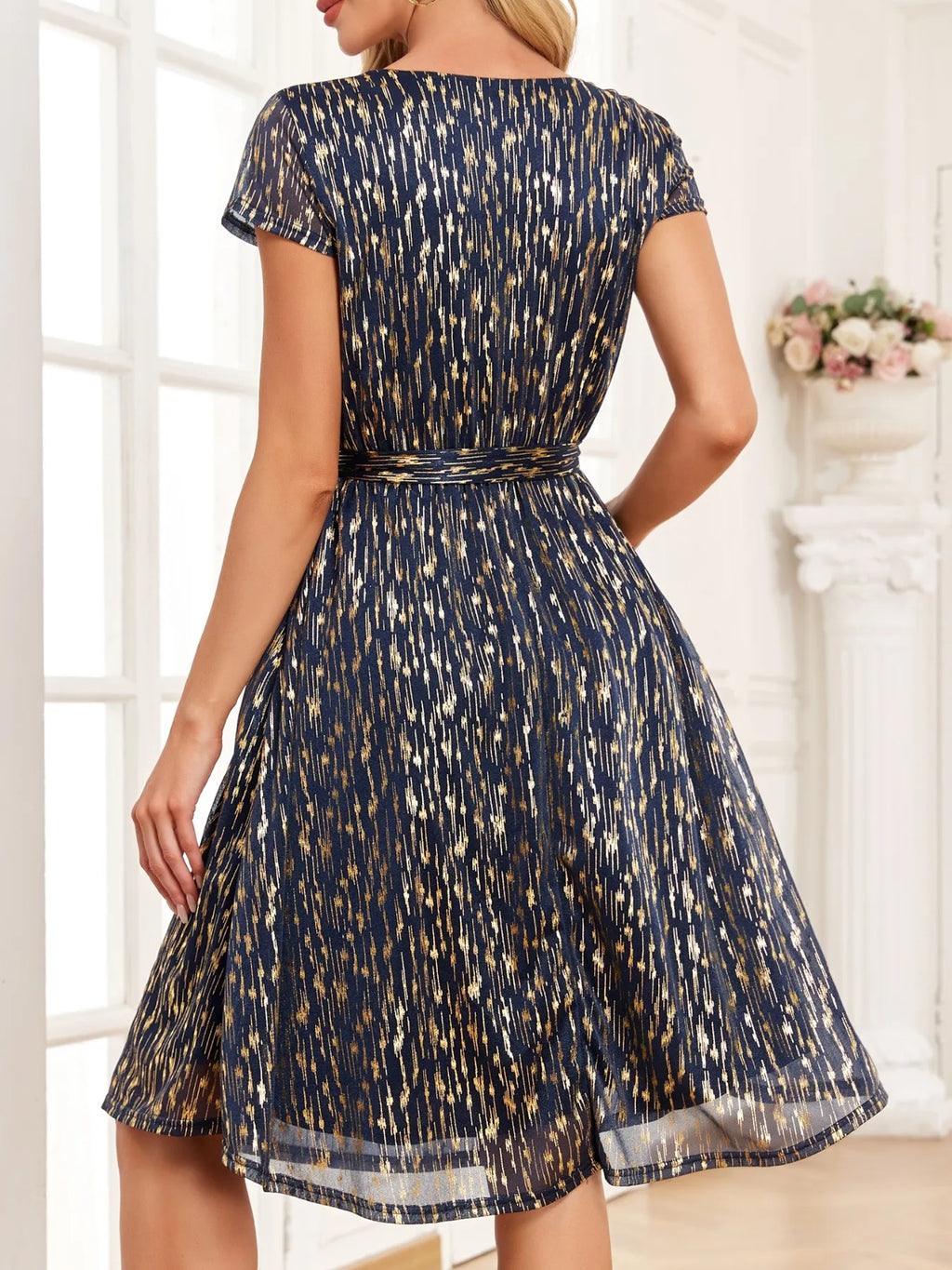 V-neck Metallic Print Dress (12)