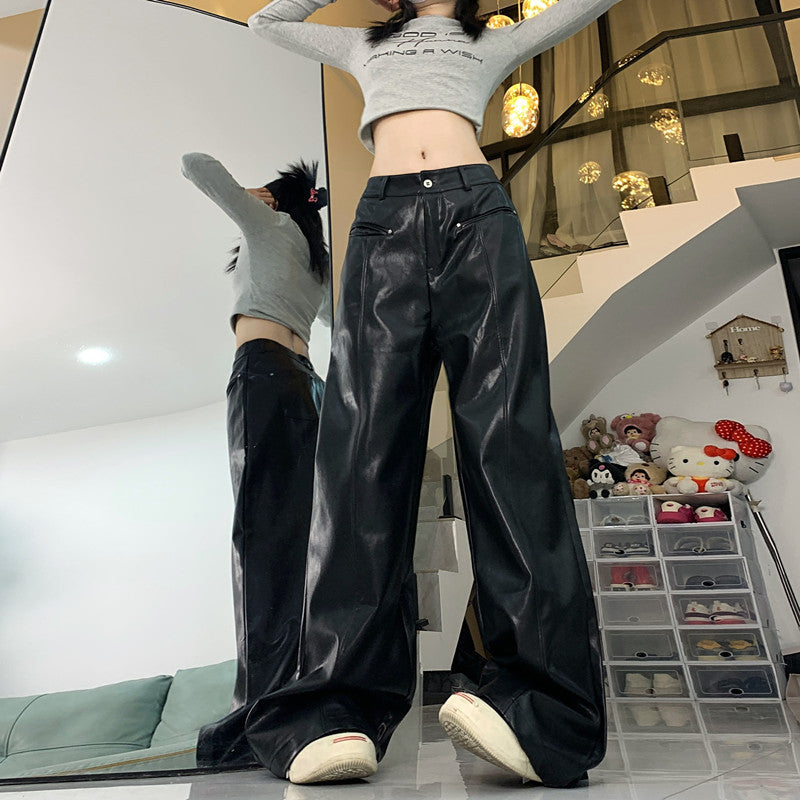 Straight Slim Pu Leather Baggy Pants variant CJTZ195238501AZ|CJTZ195238502BY|CJTZ195238503CX