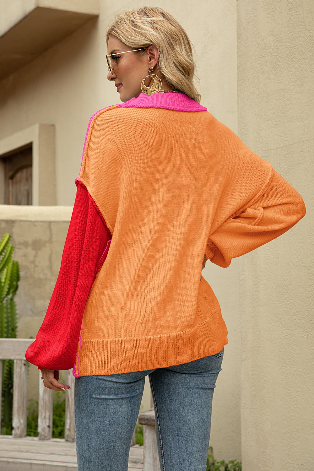 Block Round Neck Dropped Shoulder Sweater (2)