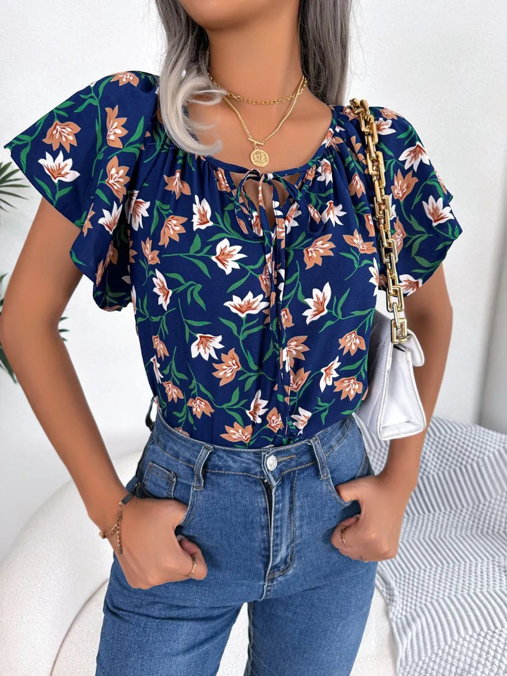 Floral Tie Neck Flutter Sleeve Blouse (8)