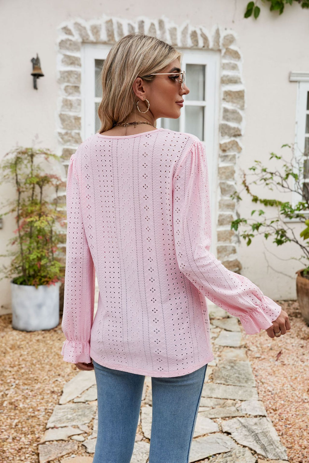 Eyelet Lace Trim Flounce Sleeve Blouse (12)