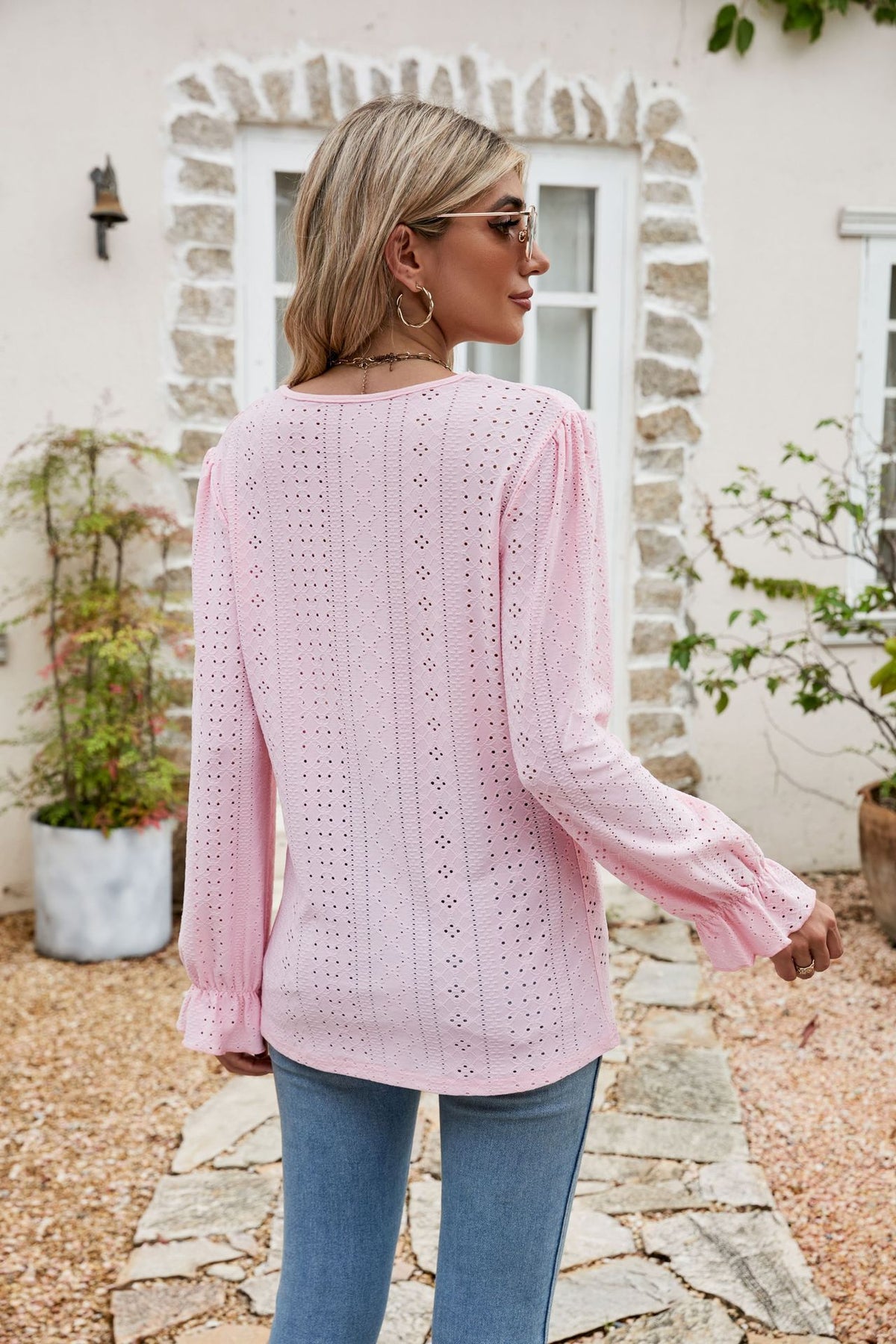 Eyelet Lace Trim Flounce Sleeve Blouse (12)