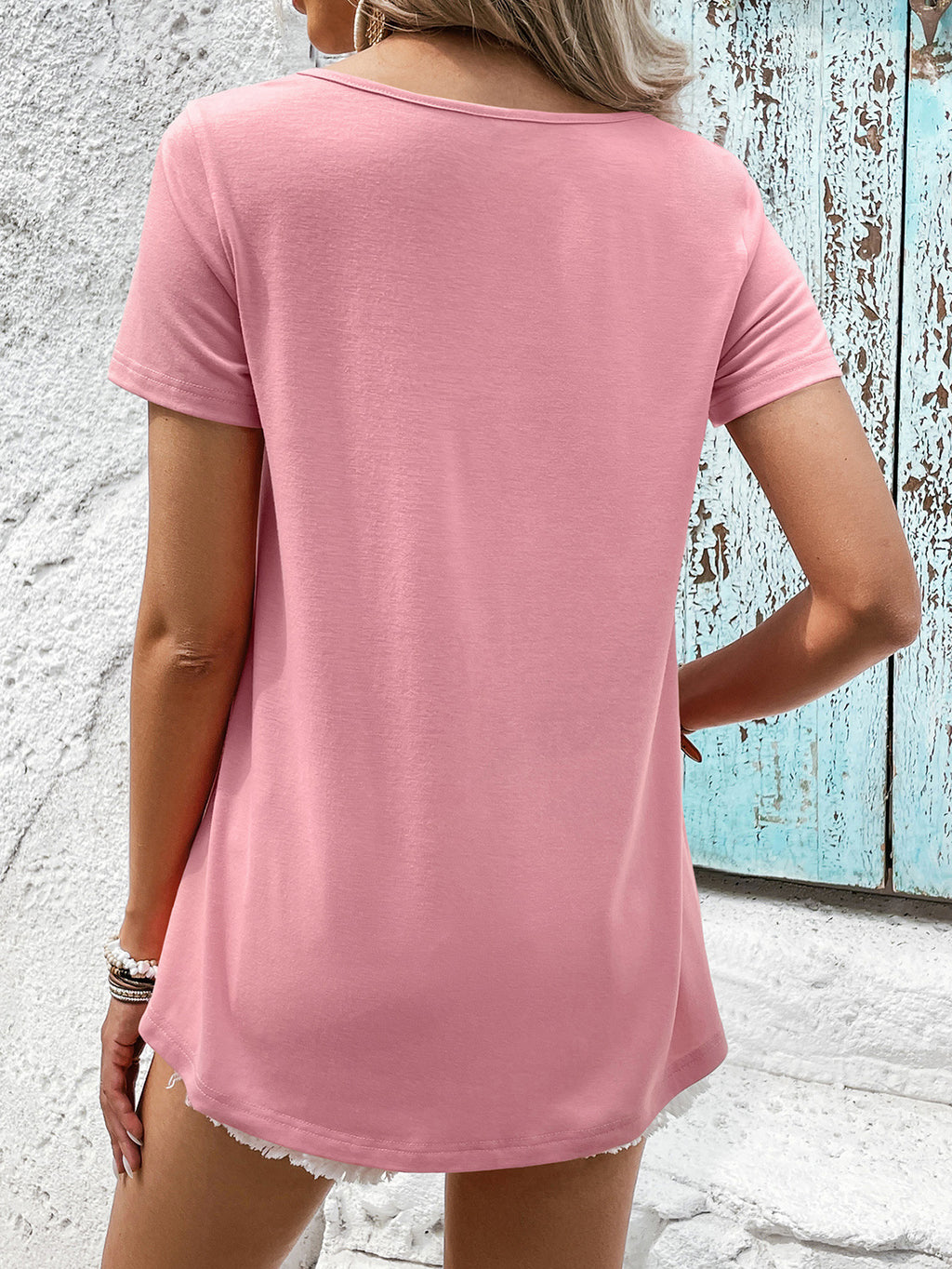 Spliced Lace Contrast Short Sleeve Top (6)