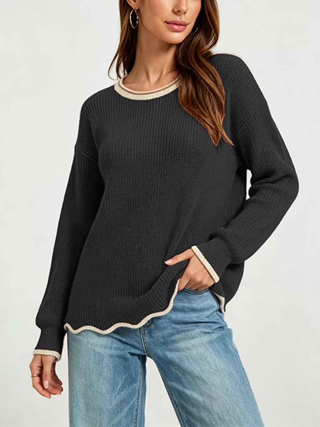 Contrast Trim Scalloped Hem Ribbed Knit Sweater (5)