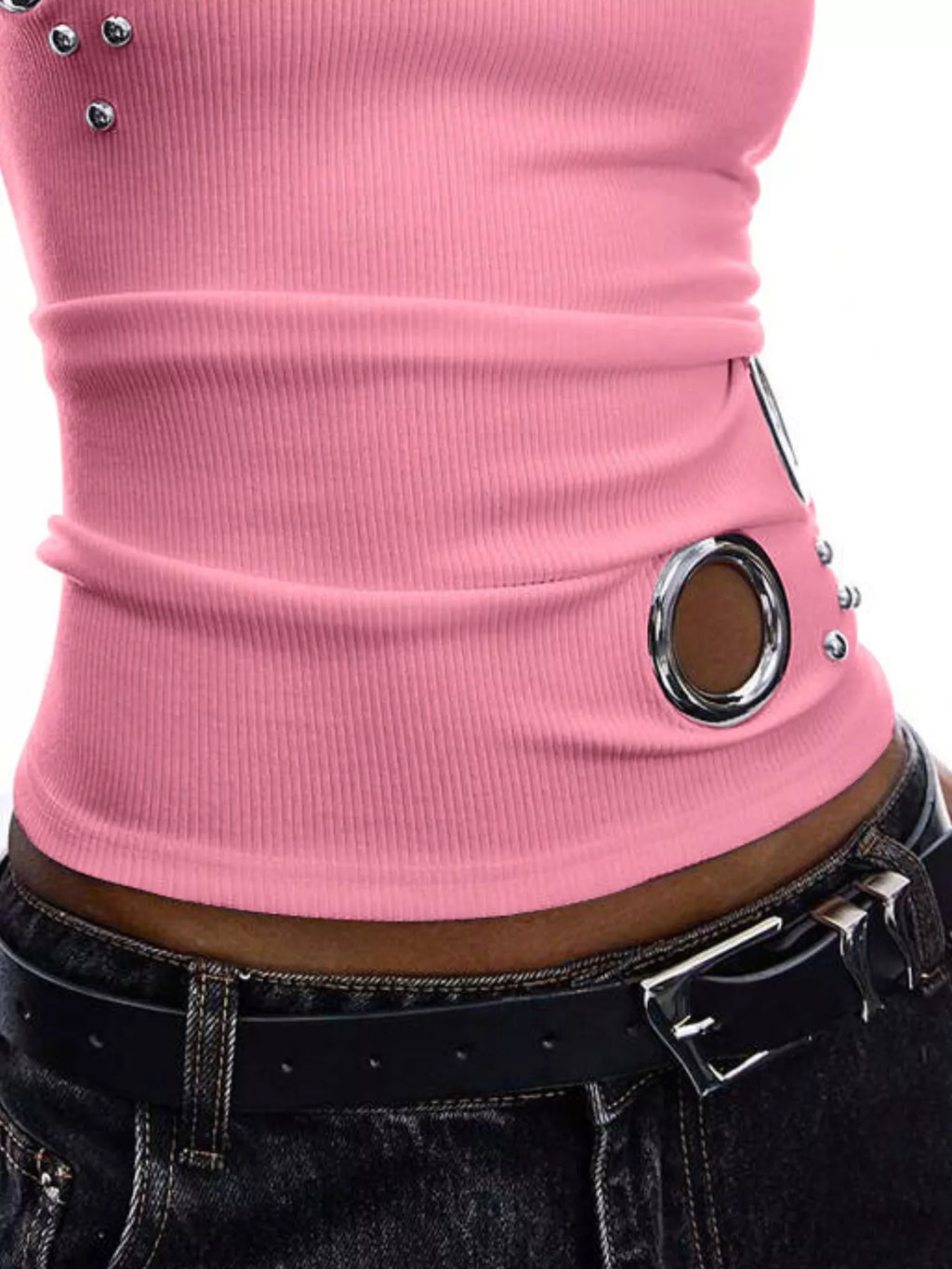 Ribbed Tank Top Metal Grommet Cutouts Stud Embellishments (18)