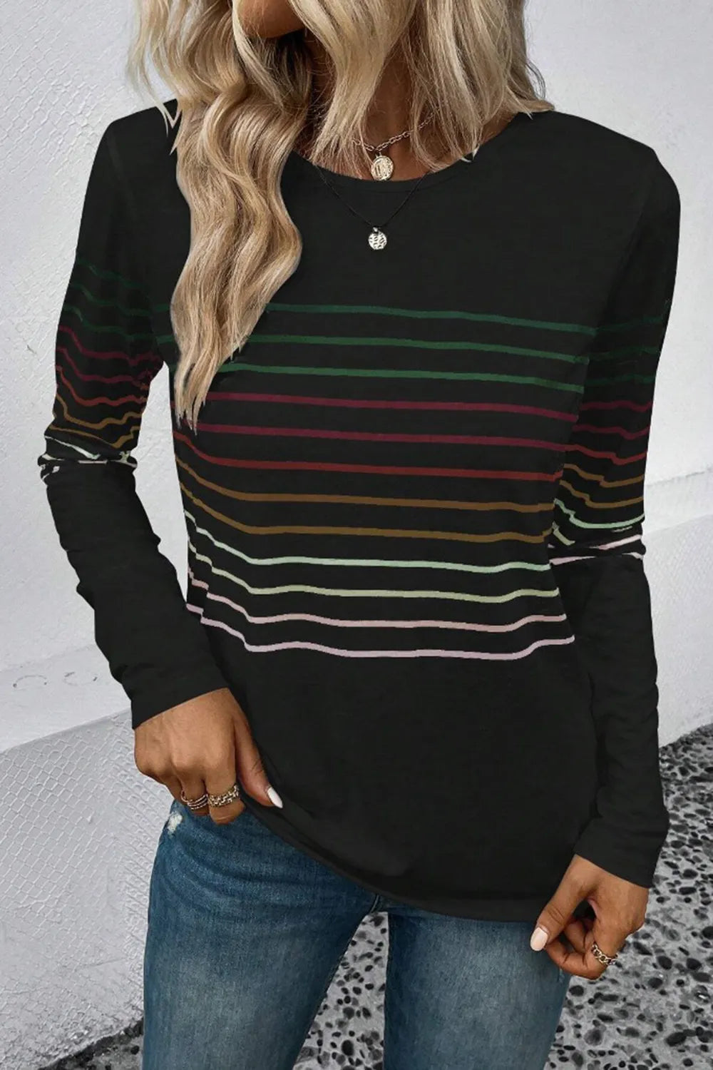 Striped Round Neck Long Sleeve T-shirt