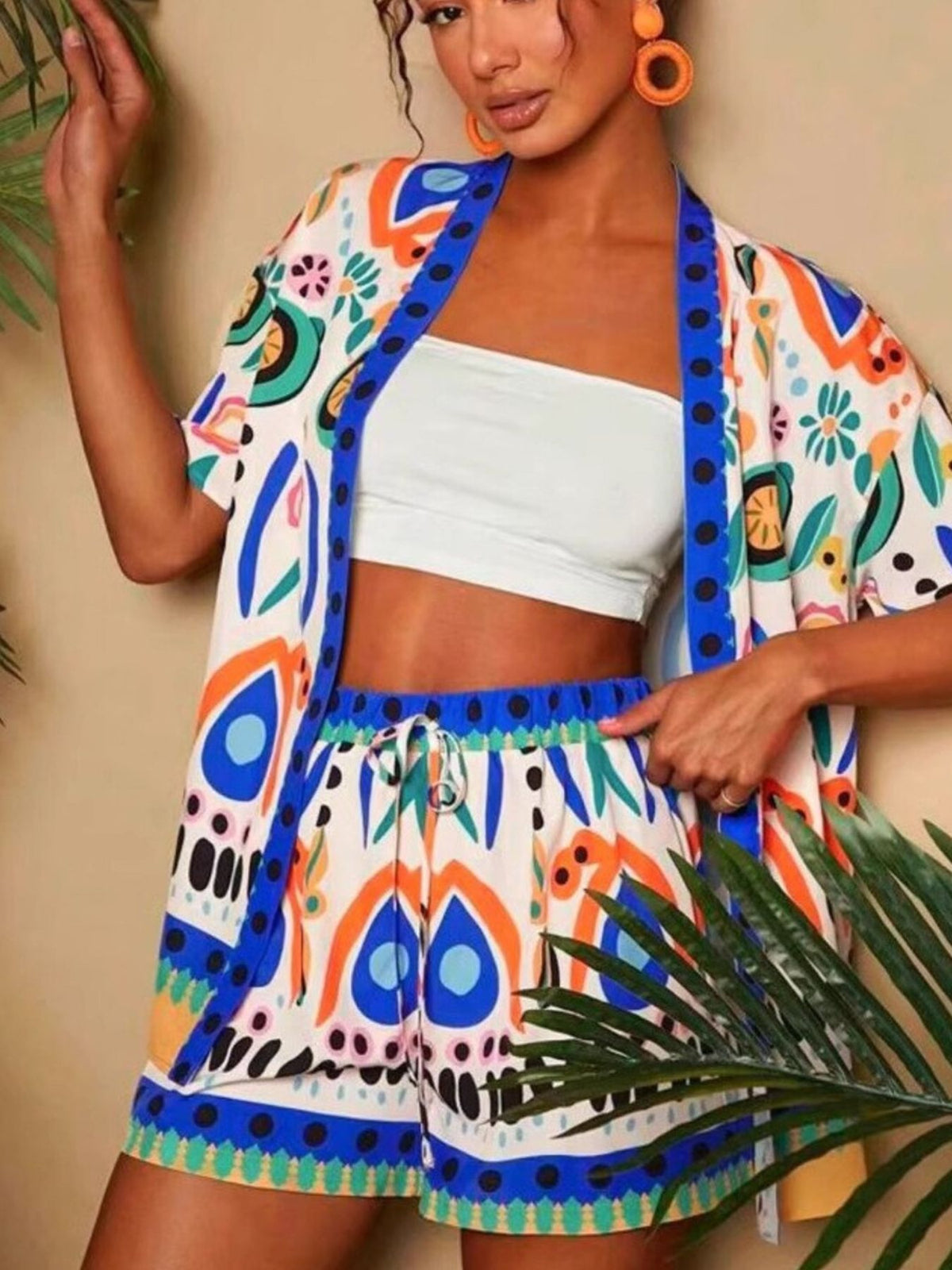 Printed Open Front Cardigan Shorts Set (9)