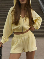 Zip Up Cropped Hoodie Shorts Set