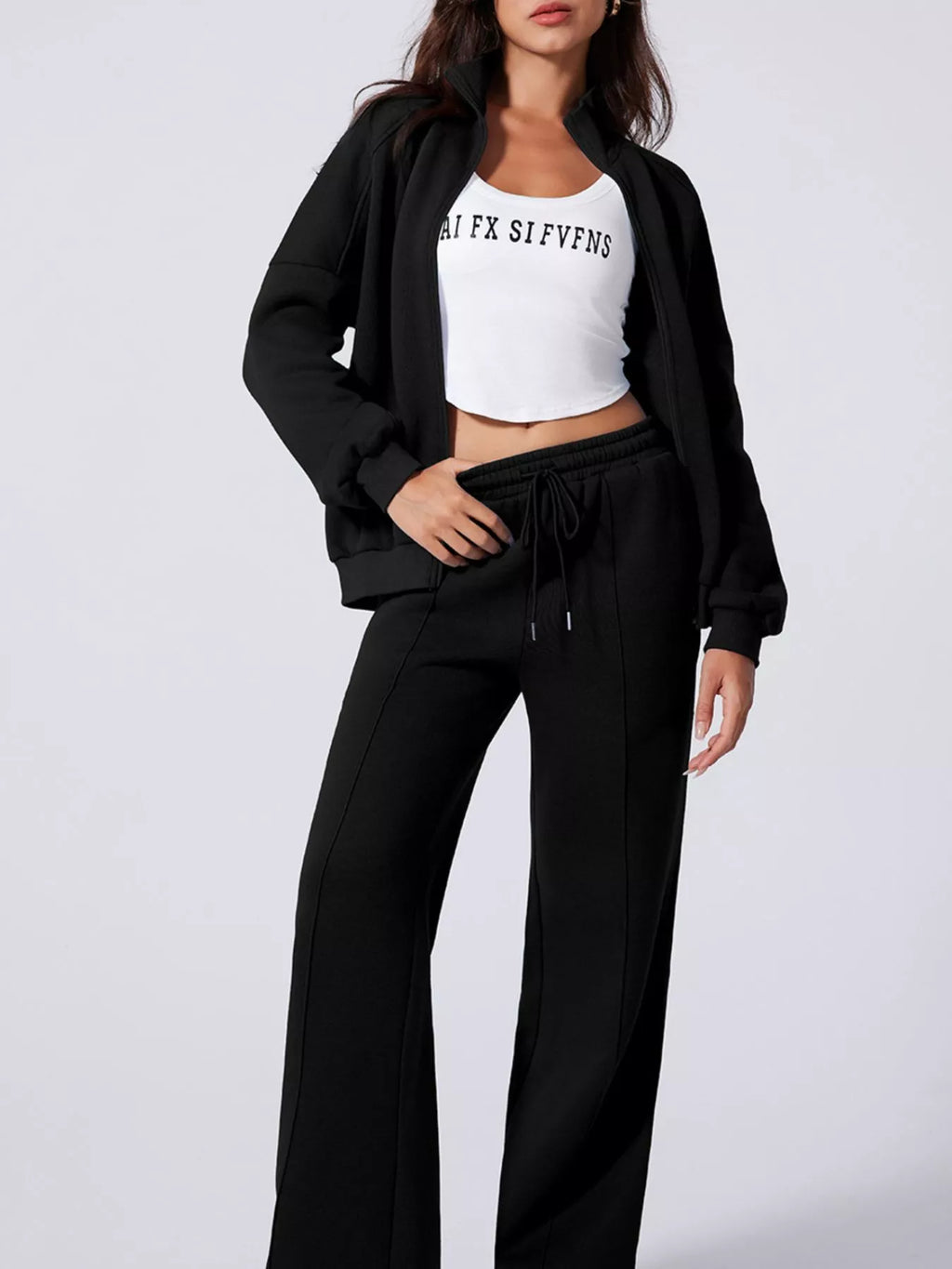 Drop Shoulder Zip Up Jacket Drawstring Pants Active 2pcs Set (15)