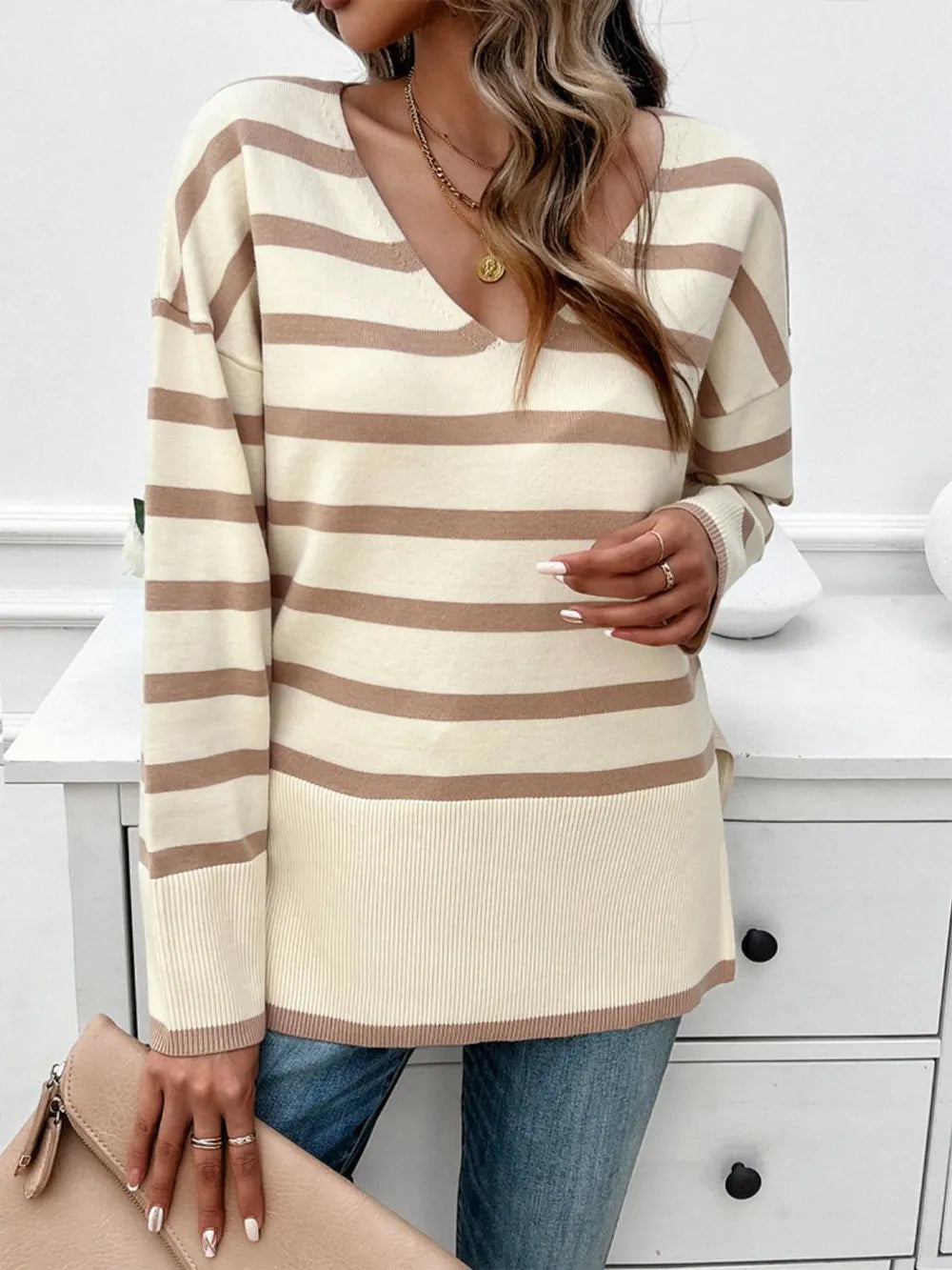 Striped V-neck Long Sleeve Knit Top (8)
