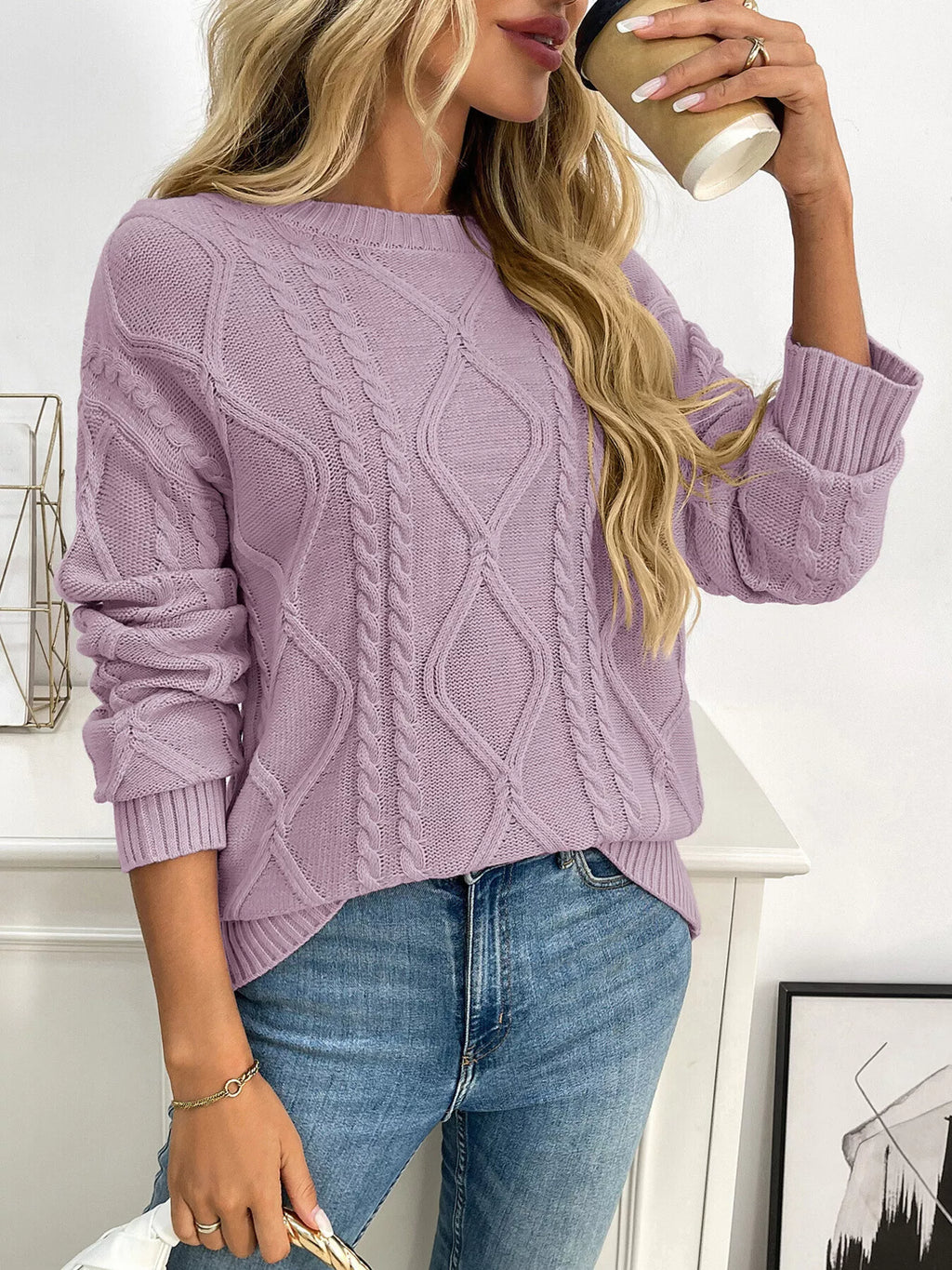 Cable Knit Round Neck Long Sleeve Sweater (3)