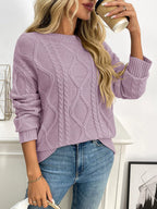 Cable Knit Round Neck Long Sleeve Sweater (3)