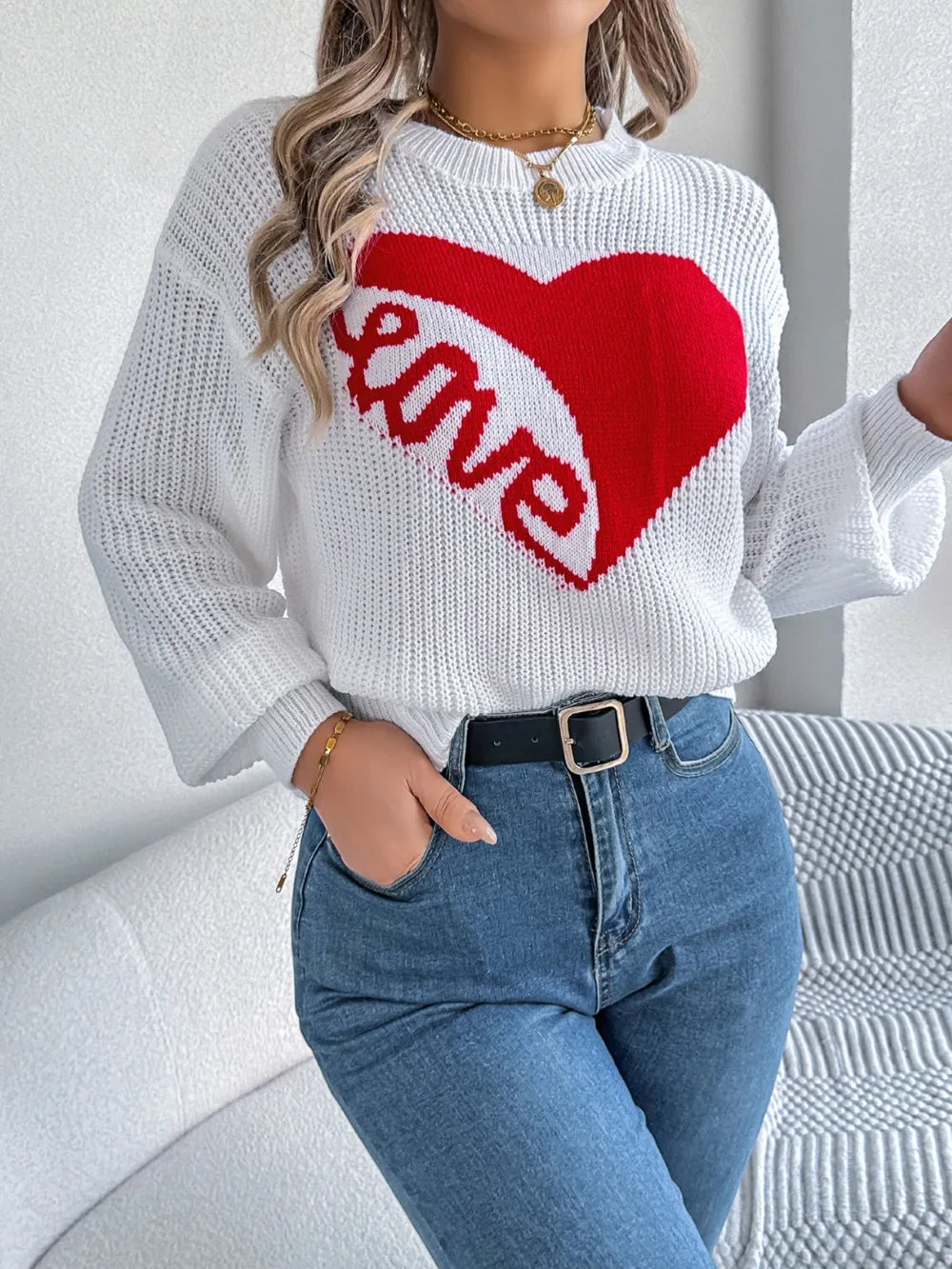 Love Heart Round Neck Dropped Shoulder Sweater (10)