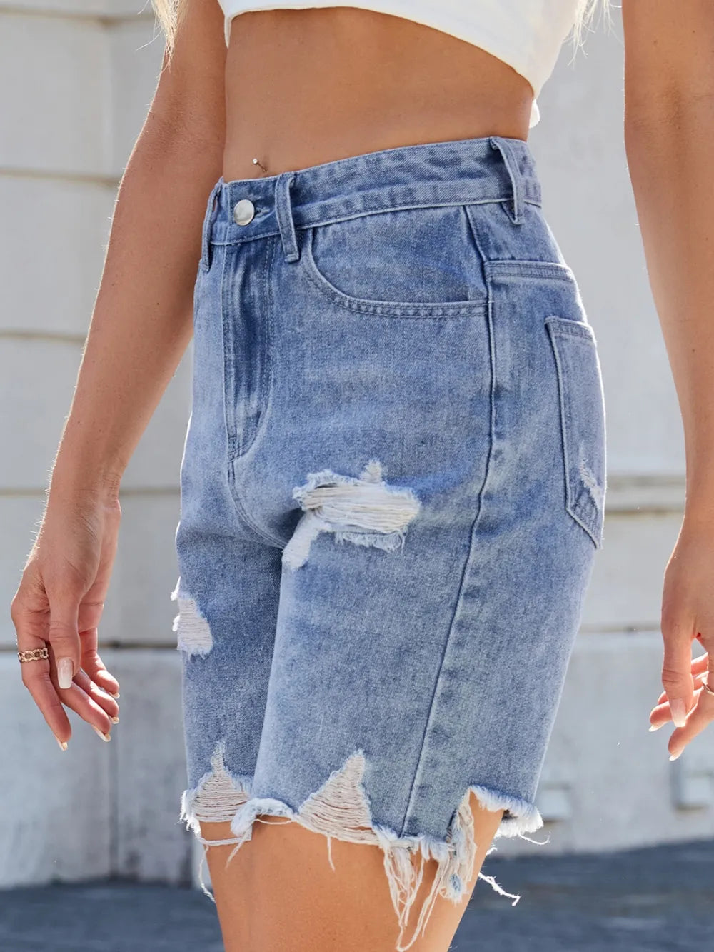 Distressed Raw Hem Denim Shorts (2)