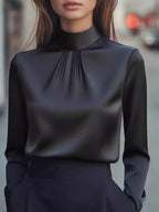 Mock Neck Long Sleeve Blouse Pleated Detail