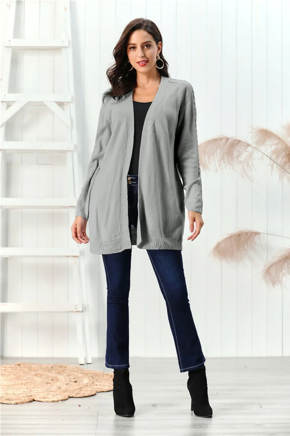 Cable-knit Open Front Long Sleeve Cardigan (11)