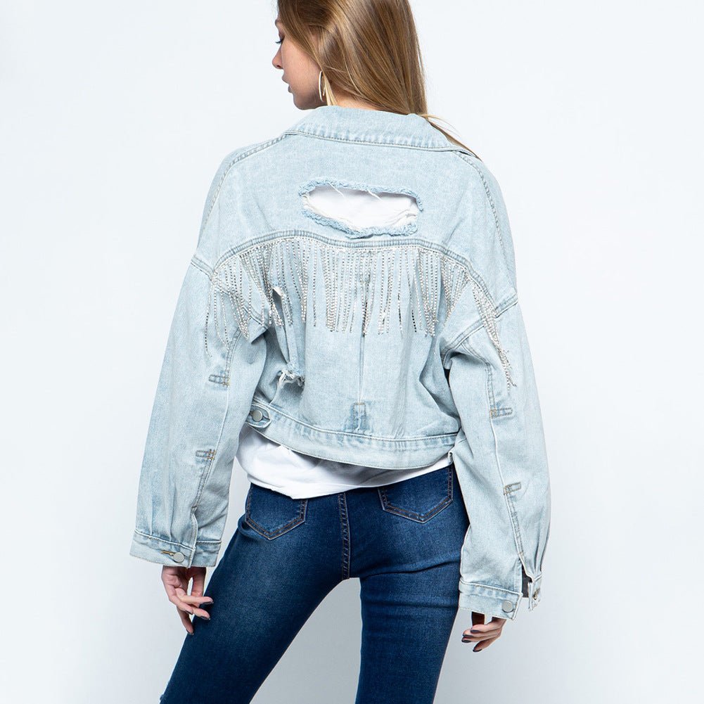 Ripped Rhinestone Denim Jacket Tassel Long Sleeve photo 14