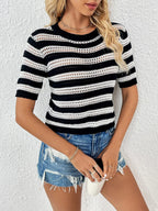 Openwork Striped Round Neck Short Sleeve Knit Top (11)
