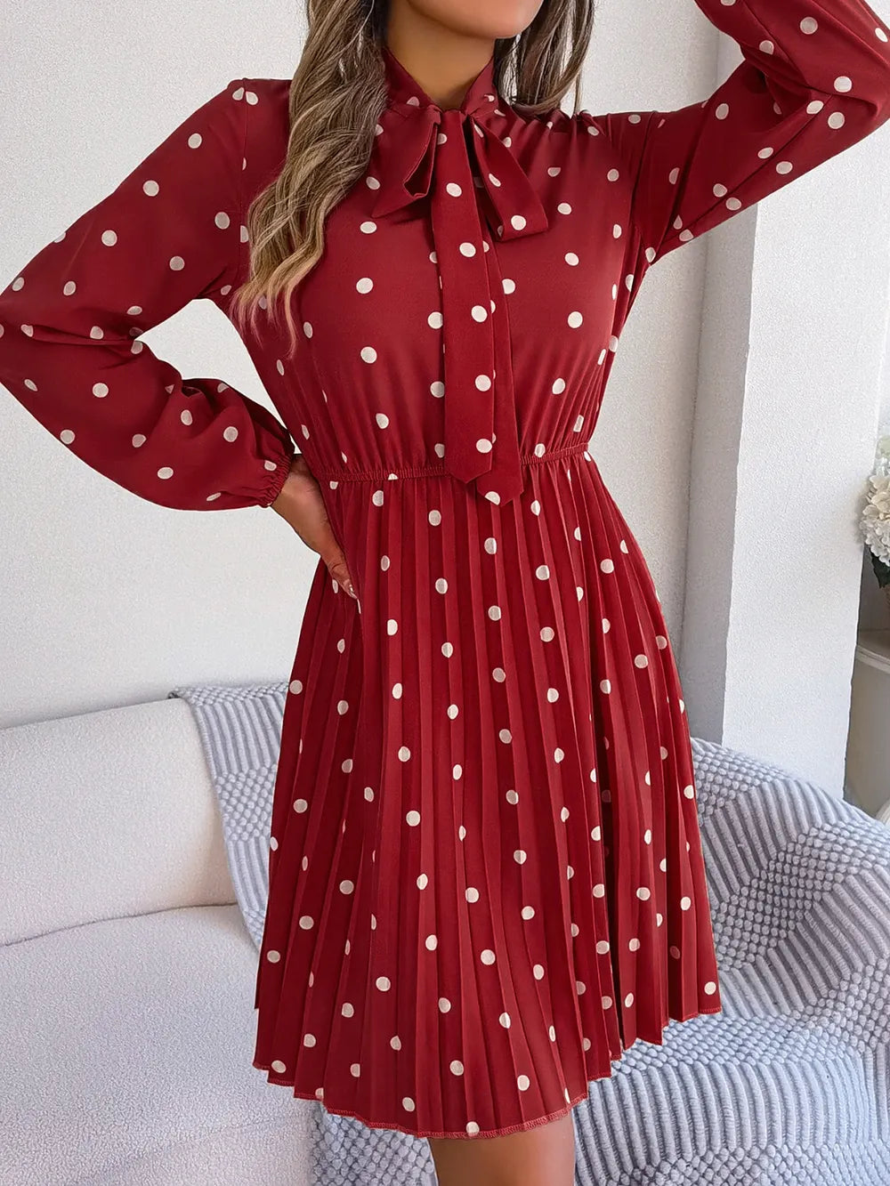 Polka Dot Tie Neck Pleated Dress (16)