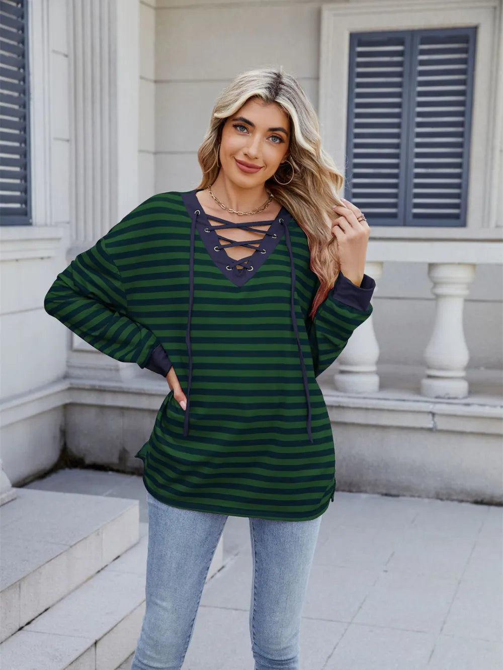 Lace-up Striped Long Sleeve T-shirt (20)