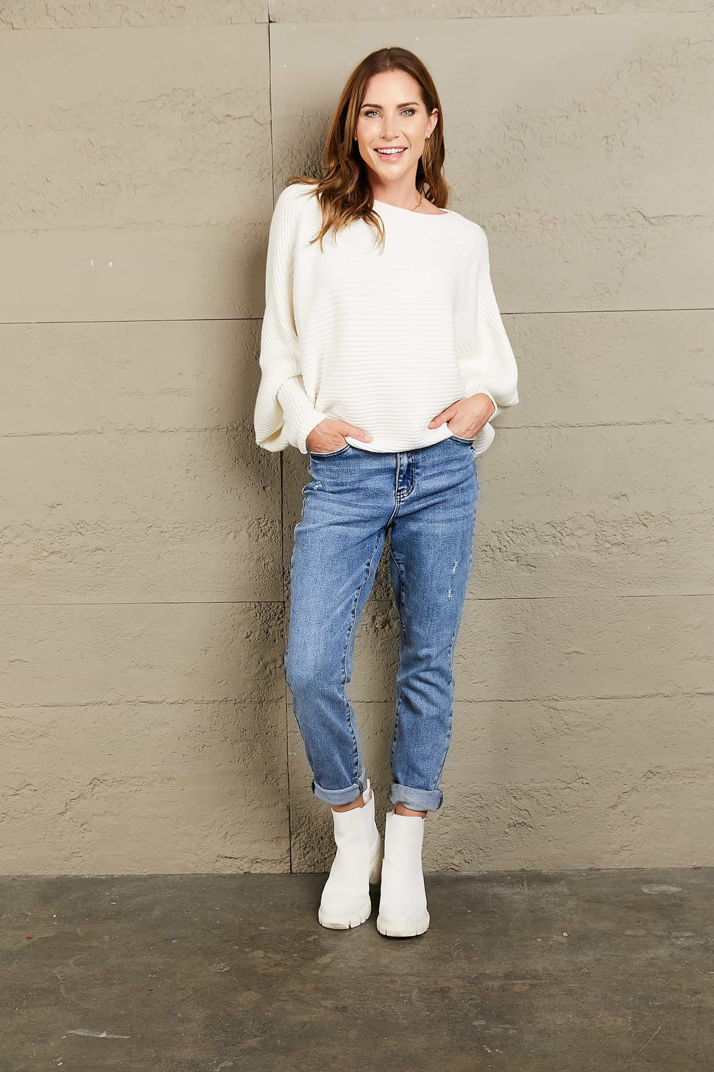 Horizontal Ribbing Dolman Sleeve Sweater (5)