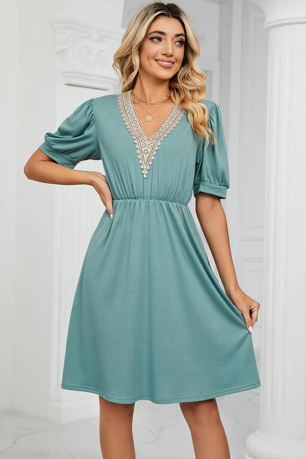 V-neck Puff Sleeve Dress (14)